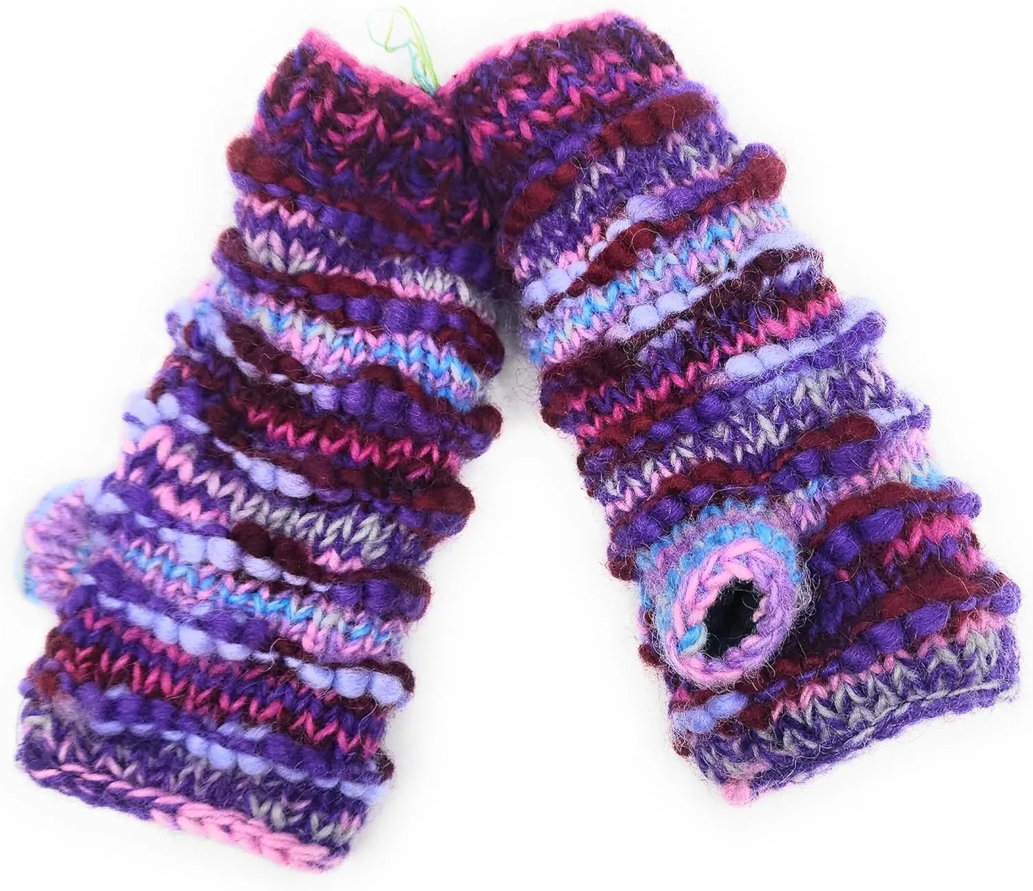 Ayuni Gifts of the World Hand Knit Ridged Wool Fingerless Texting Gloves or Mittens Fleece Lined Made in Nepal