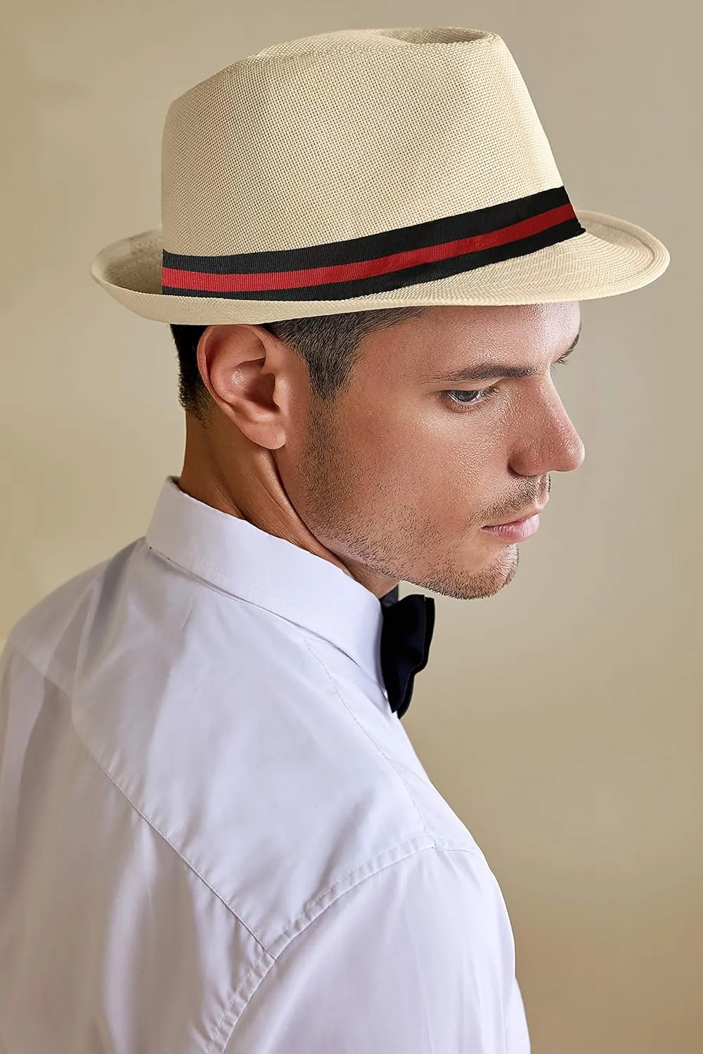BABEYOND Straw Trilby Fedora Hat for Men-1920s Felt Panama Hat Short Brim Summer Cap with Ribbon