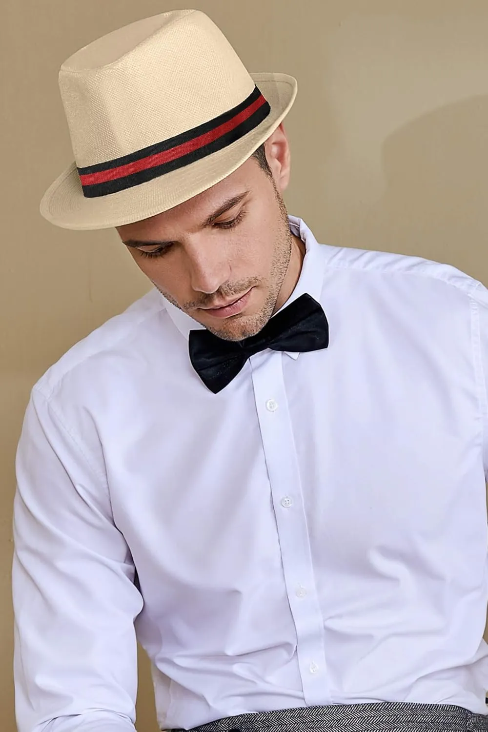 BABEYOND Straw Trilby Fedora Hat for Men-1920s Felt Panama Hat Short Brim Summer Cap with Ribbon