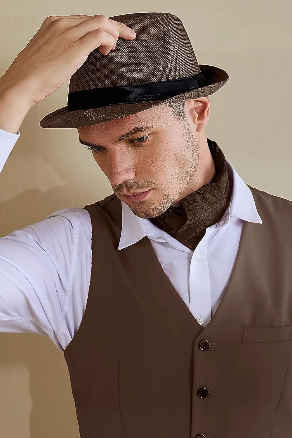 BABEYOND Straw Trilby Fedora Hat for Men-1920s Felt Panama Hat Short Brim Summer Cap with Ribbon