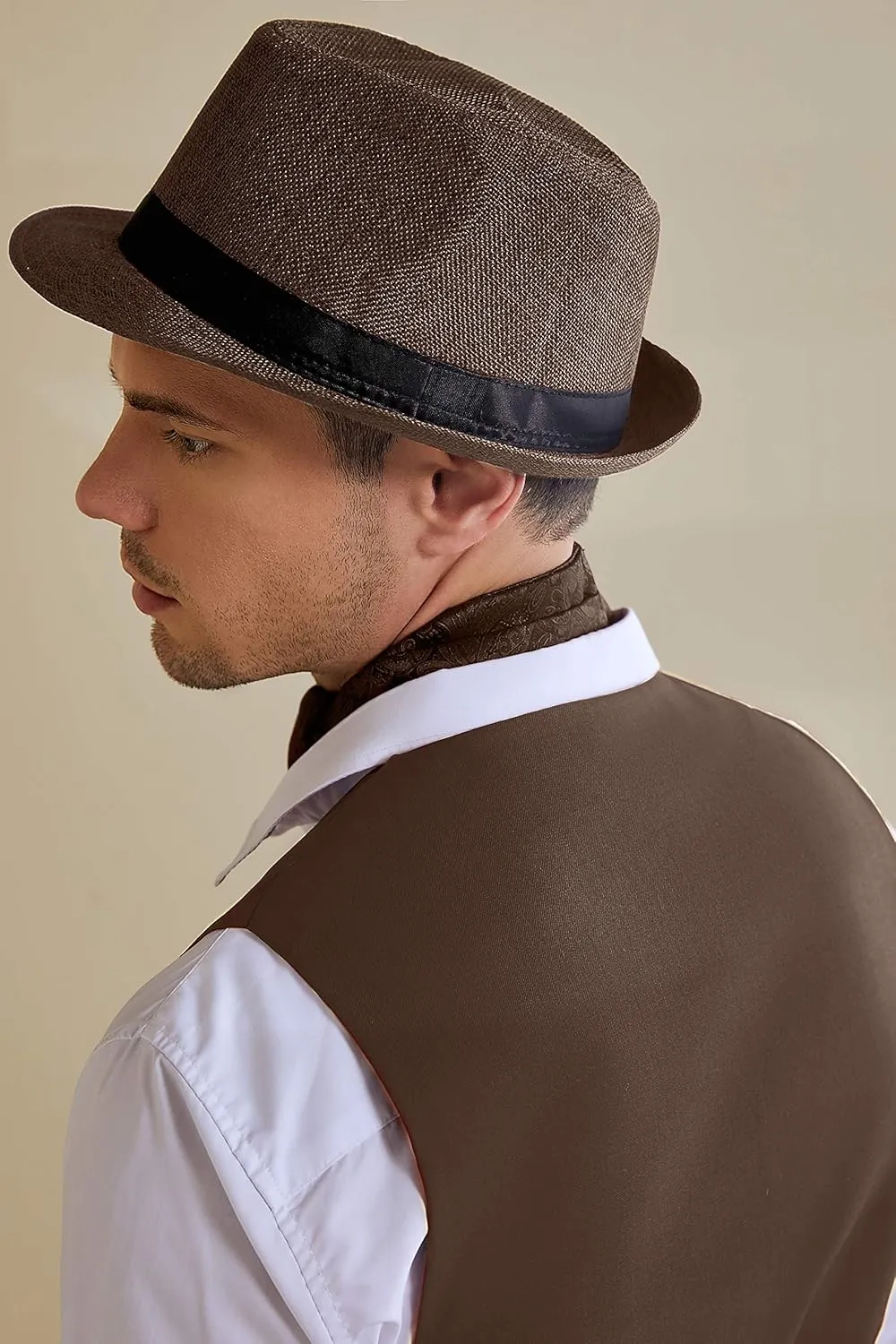 BABEYOND Straw Trilby Fedora Hat for Men-1920s Felt Panama Hat Short Brim Summer Cap with Ribbon