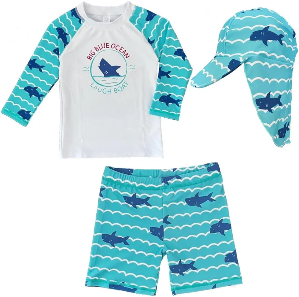 Baby Toddler Boys 3-Pieces Swimsuit Sets Blue Shark Bathing Suit Rash Guards Sunsuit Swimwear with Hat UPF 50  FBA