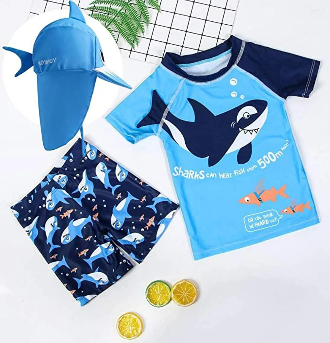Baby Toddler Boys 3-Pieces Swimsuit Sets Blue Shark Bathing Suit Rash Guards Sunsuit Swimwear with Hat UPF 50  FBA