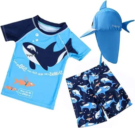 Baby Toddler Boys 3-Pieces Swimsuit Sets Blue Shark Bathing Suit Rash Guards Sunsuit Swimwear with Hat UPF 50  FBA