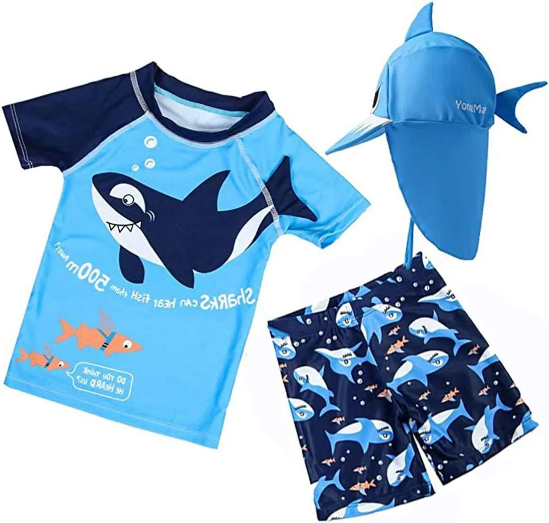Baby Toddler Boys 3-Pieces Swimsuit Sets Blue Shark Bathing Suit Rash Guards Sunsuit Swimwear with Hat UPF 50  FBA