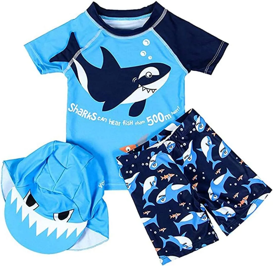 Baby Toddler Boys 3-Pieces Swimsuit Sets Blue Shark Bathing Suit Rash Guards Sunsuit Swimwear with Hat UPF 50  FBA