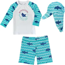 Baby Toddler Boys 3-Pieces Swimsuit Sets Blue Shark Bathing Suit Rash Guards Sunsuit Swimwear with Hat UPF 50  FBA