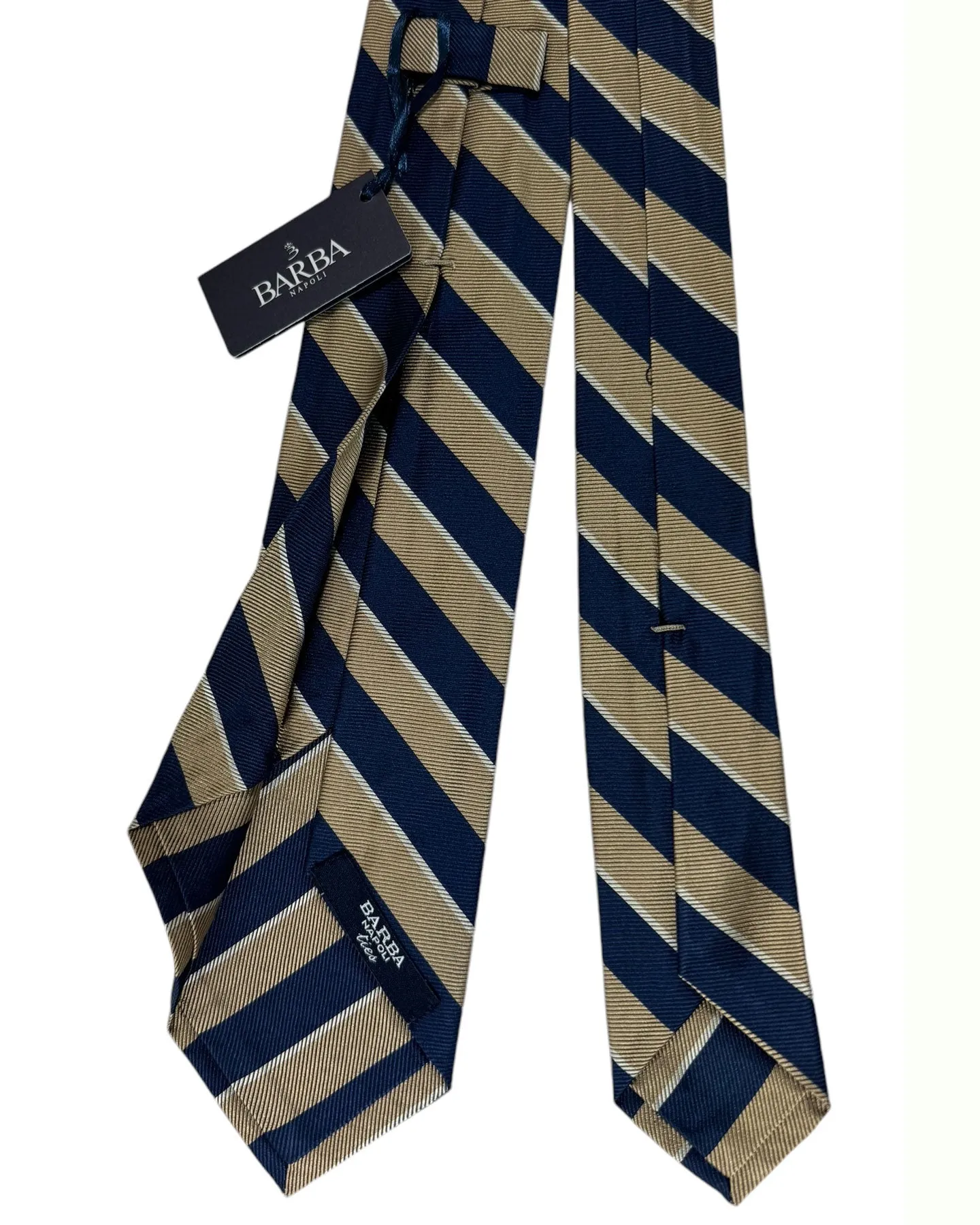 Barba Sevenfold Tie Dark Blue Taupe Silver Stripes Design - Sartorial Neckwear
