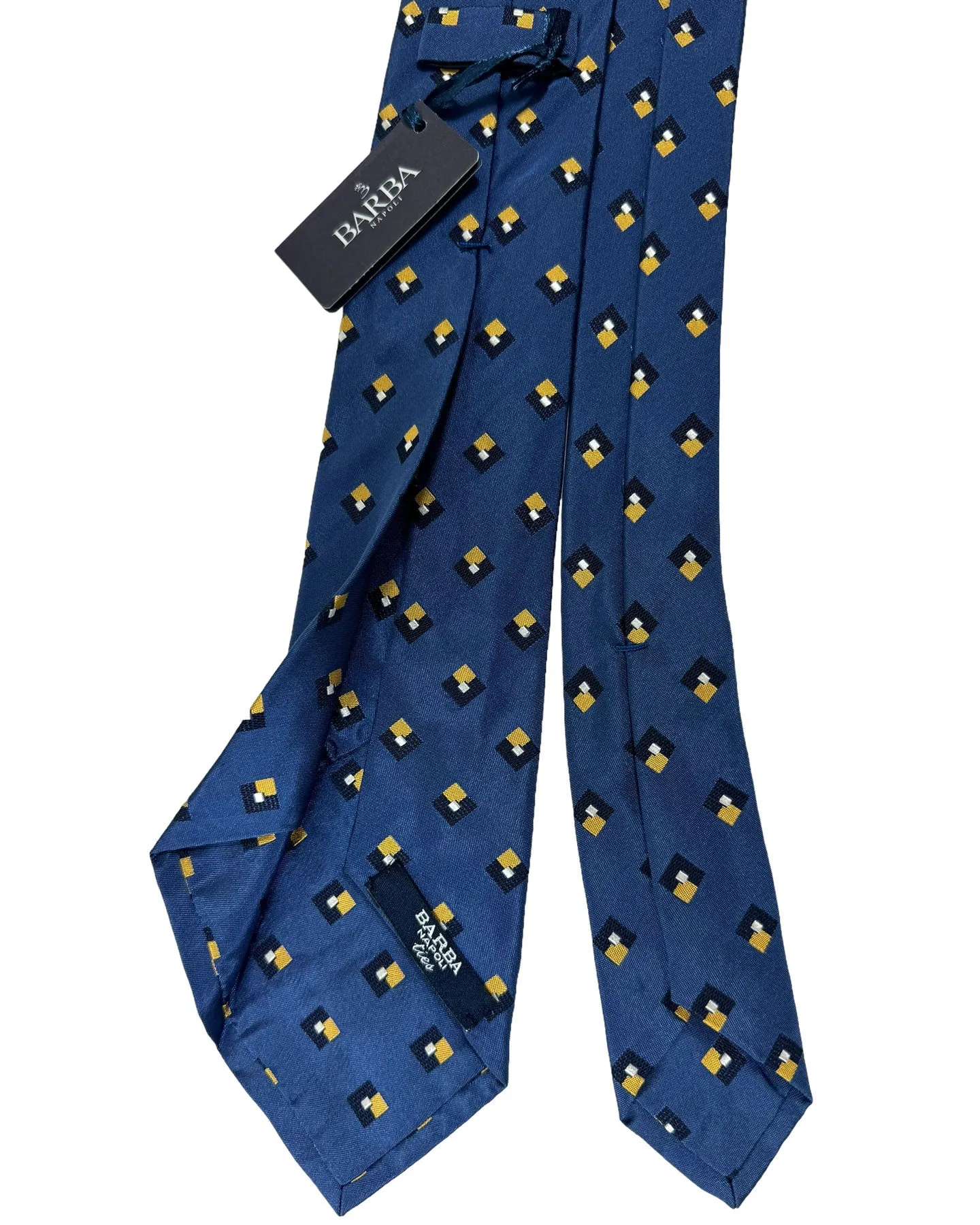 Barba Sevenfold Tie Midnight Blue Yellow Geometric Design - Sartorial Neckwear