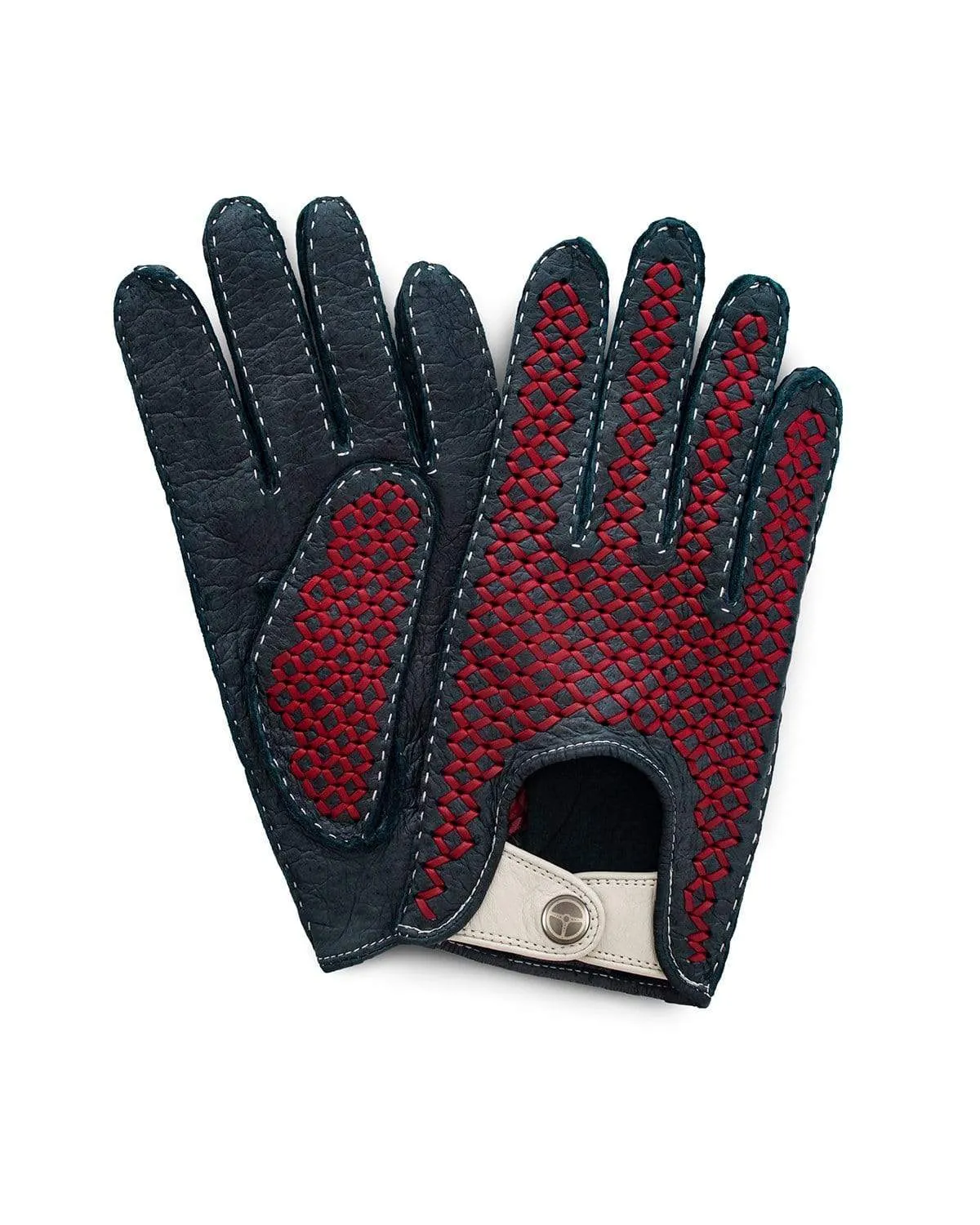 BESPOKE - Peccary Leather Driving Gloves - Dark Blue/Red/Ivory