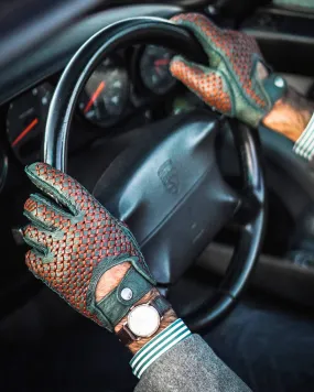 BESPOKE - Peccary Leather Driving Gloves - Dark Green/Cognac