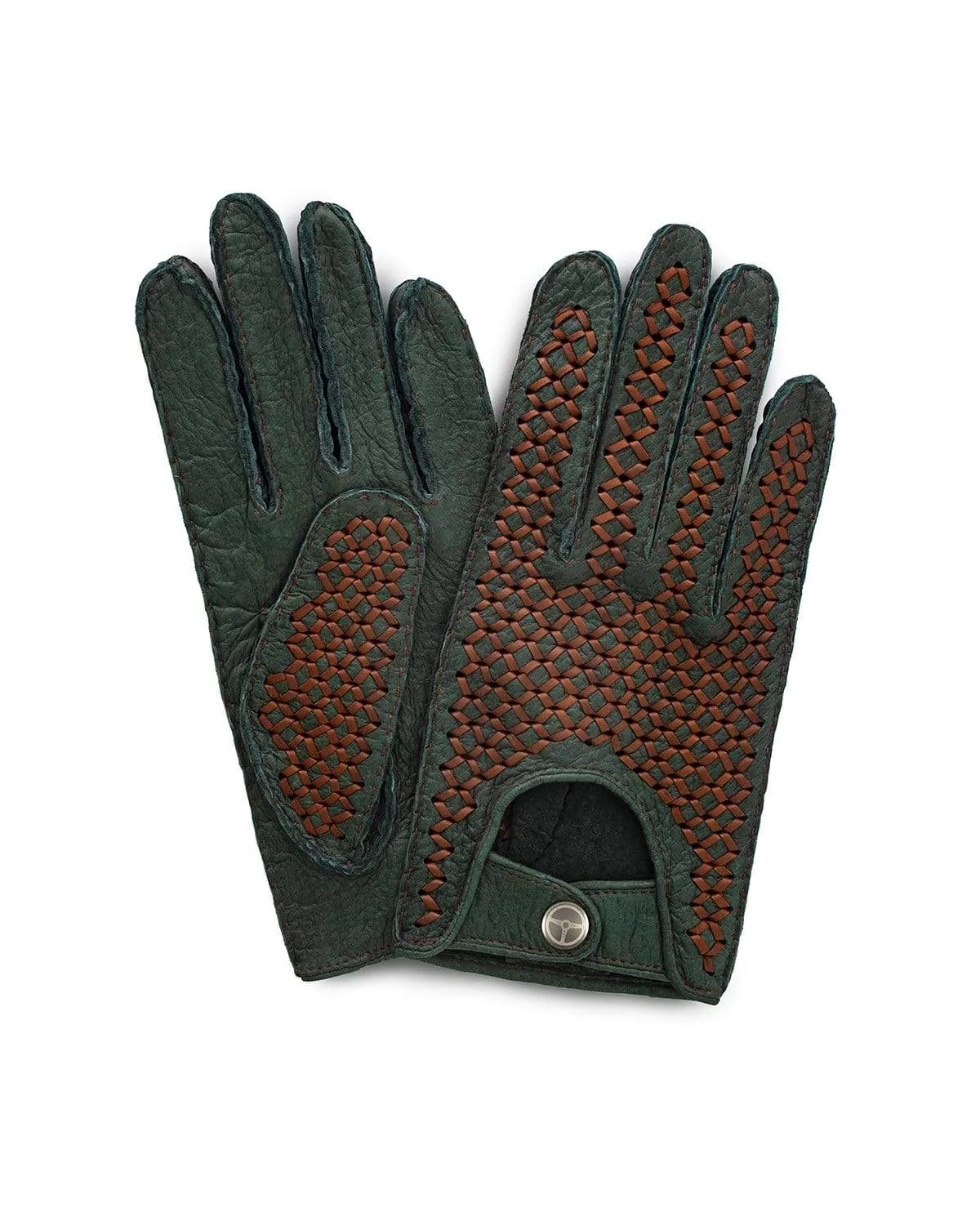 BESPOKE - Peccary Leather Driving Gloves - Dark Green/Cognac