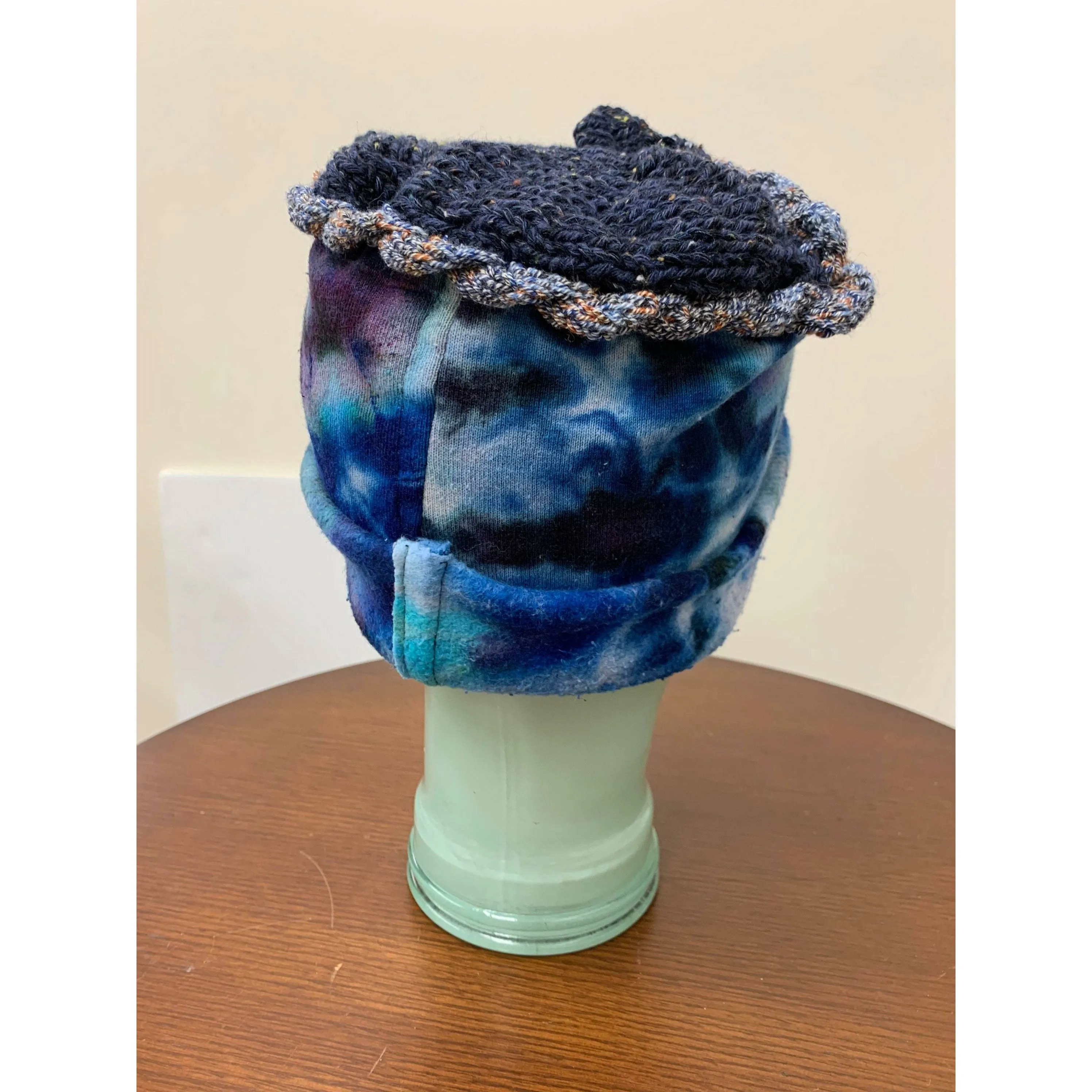 Blue tye dyed soft organic hemp into a slouchy brim warm hat with hand knit top. Free Shipping USA. NO wool.