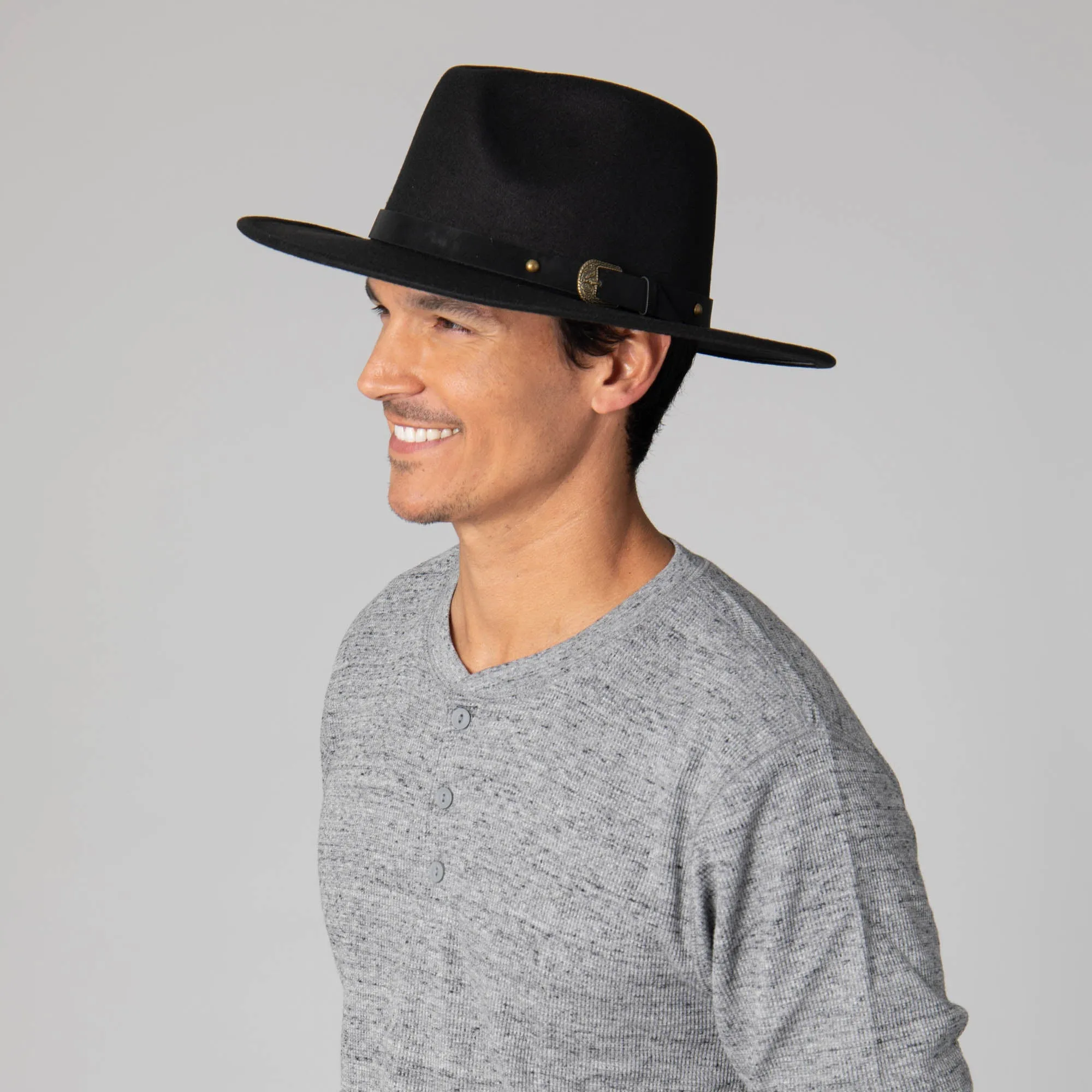Faux Felt Fedora with Faux Leather Western Buckle Band