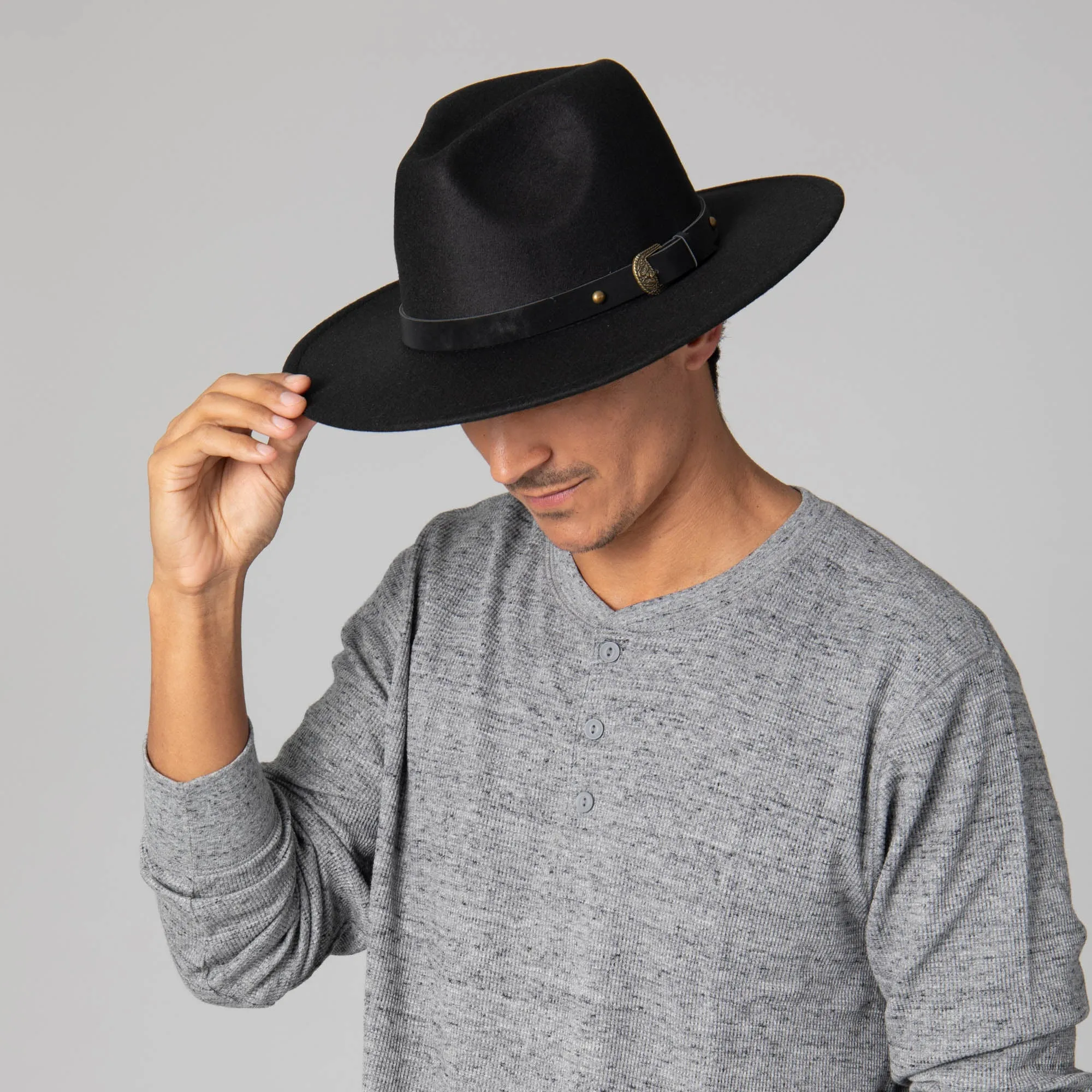 Faux Felt Fedora with Faux Leather Western Buckle Band