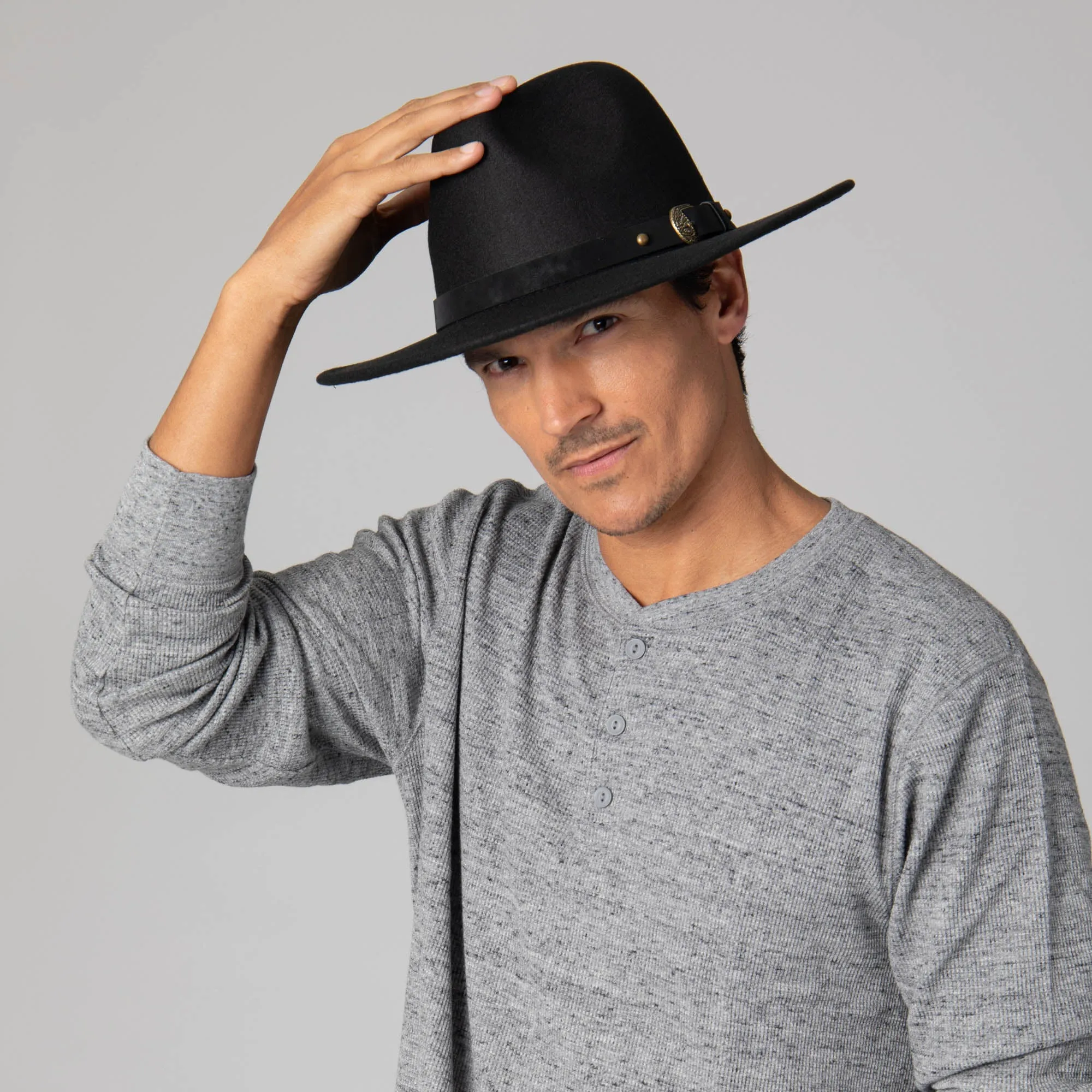 Faux Felt Fedora with Faux Leather Western Buckle Band