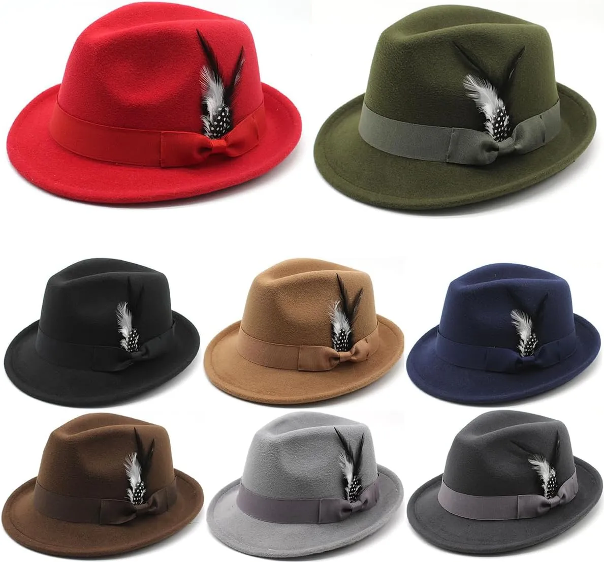 Fedora Hat for Men, Classic Short Brim Adjustable Panama Hat with Feather Winter Felt Jazz Cap