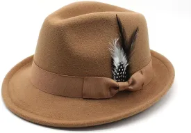 Fedora Hat for Men, Classic Short Brim Adjustable Panama Hat with Feather Winter Felt Jazz Cap