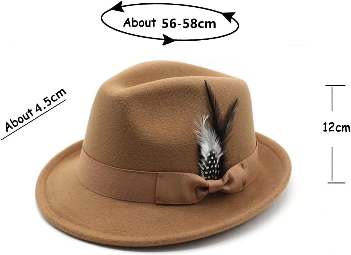 Fedora Hat for Men, Classic Short Brim Adjustable Panama Hat with Feather Winter Felt Jazz Cap
