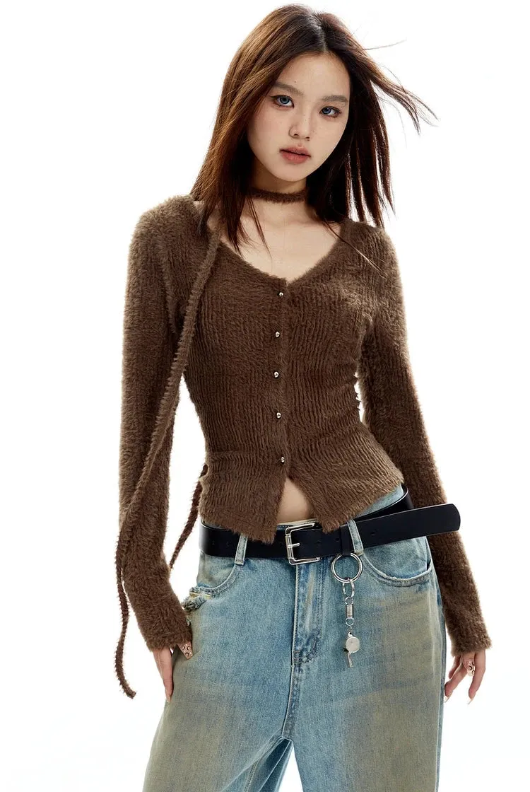 Fuzzy Scarf-Neck Skinny Cardigan