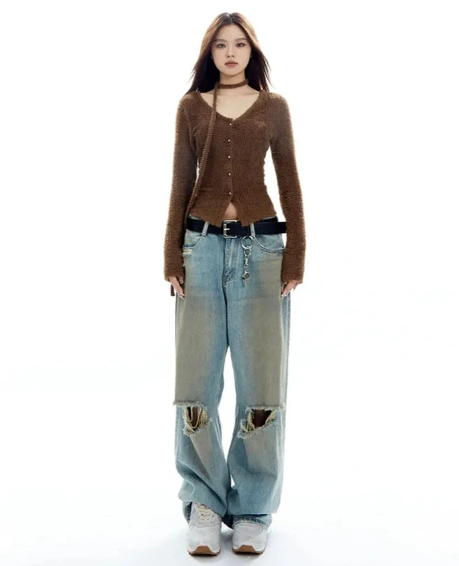 Fuzzy Scarf-Neck Skinny Cardigan