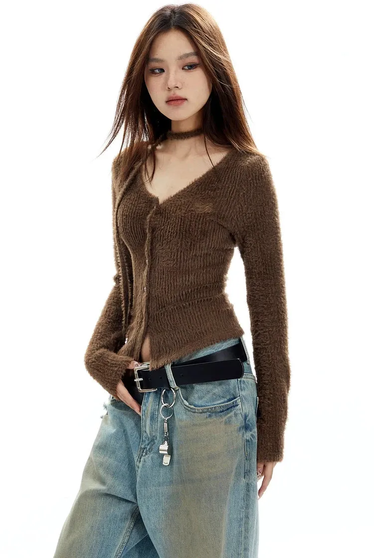 Fuzzy Scarf-Neck Skinny Cardigan