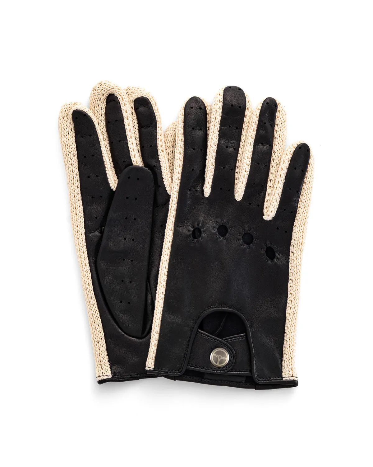 GRAN TURISMO - Leather and Cotton Crochet Driving Gloves - Navy/Cream