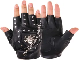 Half Finger Punk Rivets PU Leather Gloves Black Biker Gloves with Metal Chain for Motorcycles Fingerless Dancing Mittens Black PU Leather