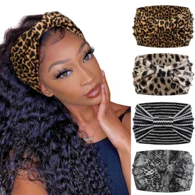 Huachi Wide Headbands for Women African Leopard Printed Head Bands for Womens Hair Knotted Non Slip Headwrap Turban Sport Yoga Girls Bandeau Hair Accessories (Pack of 4)