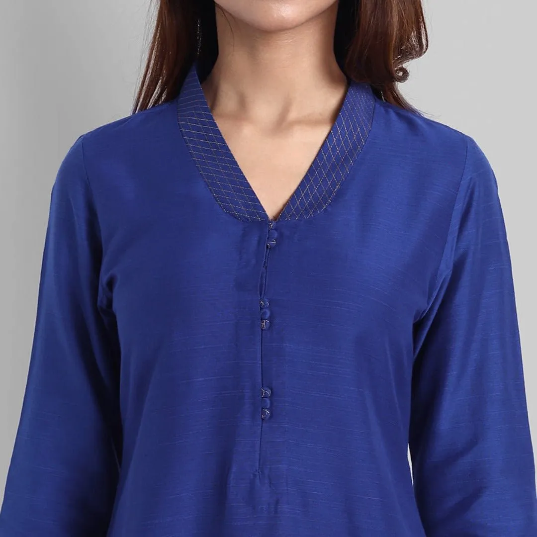 Ink Blue Textured Silk Lapel Kurta Pants Set