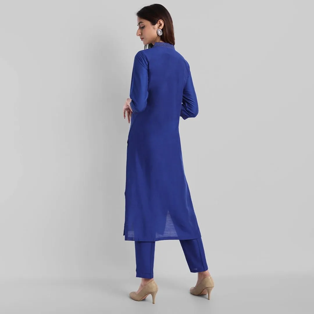 Ink Blue Textured Silk Lapel Kurta Pants Set