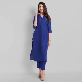 Ink Blue Textured Silk Lapel Kurta Pants Set