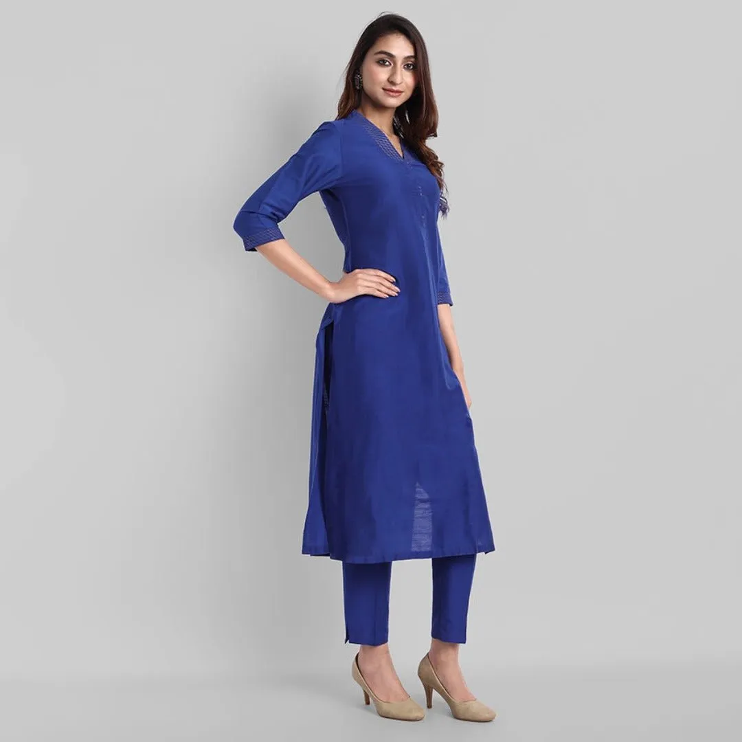 Ink Blue Textured Silk Lapel Kurta Pants Set