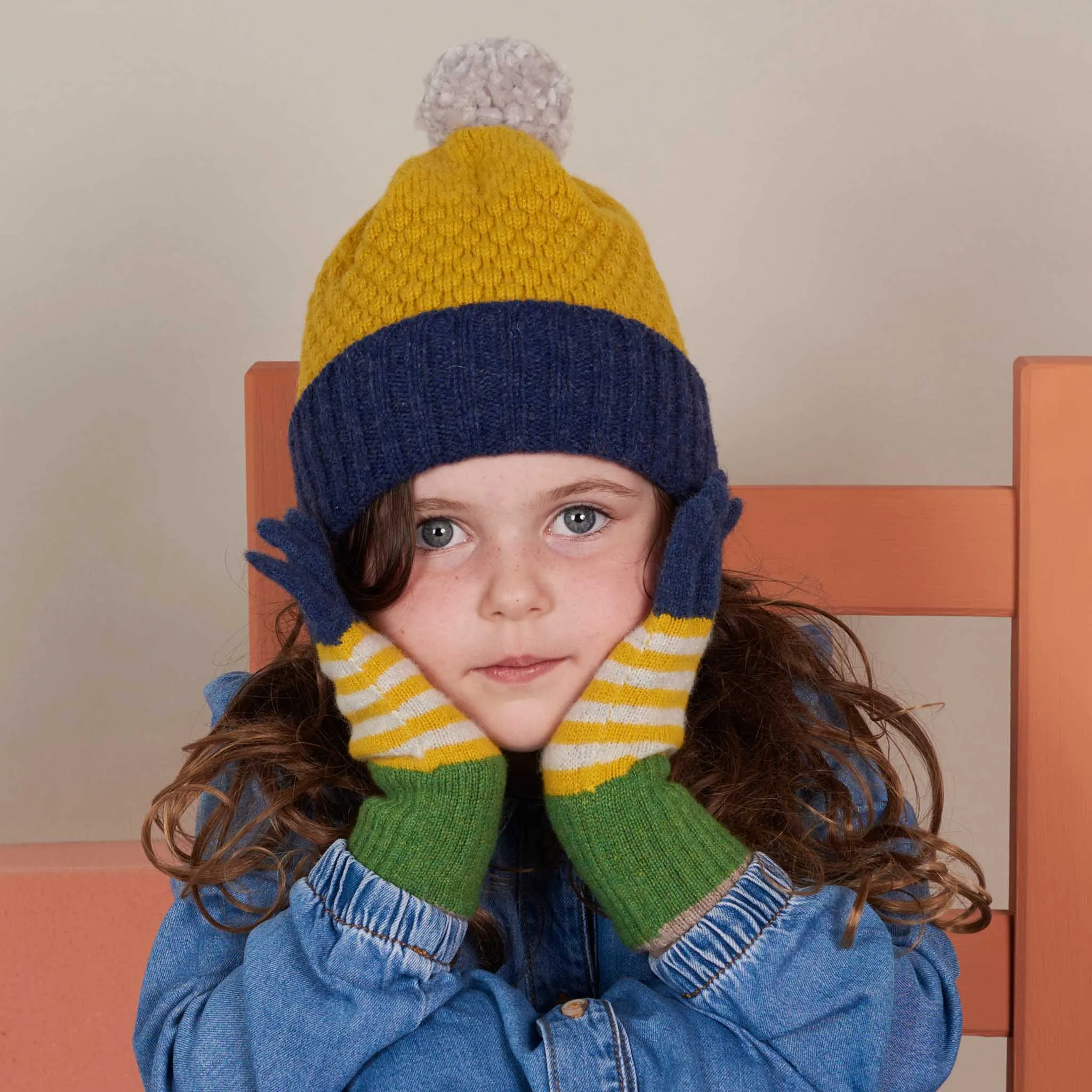 Kids Navy & Electric Yellow Stripe Lambswool Gloves