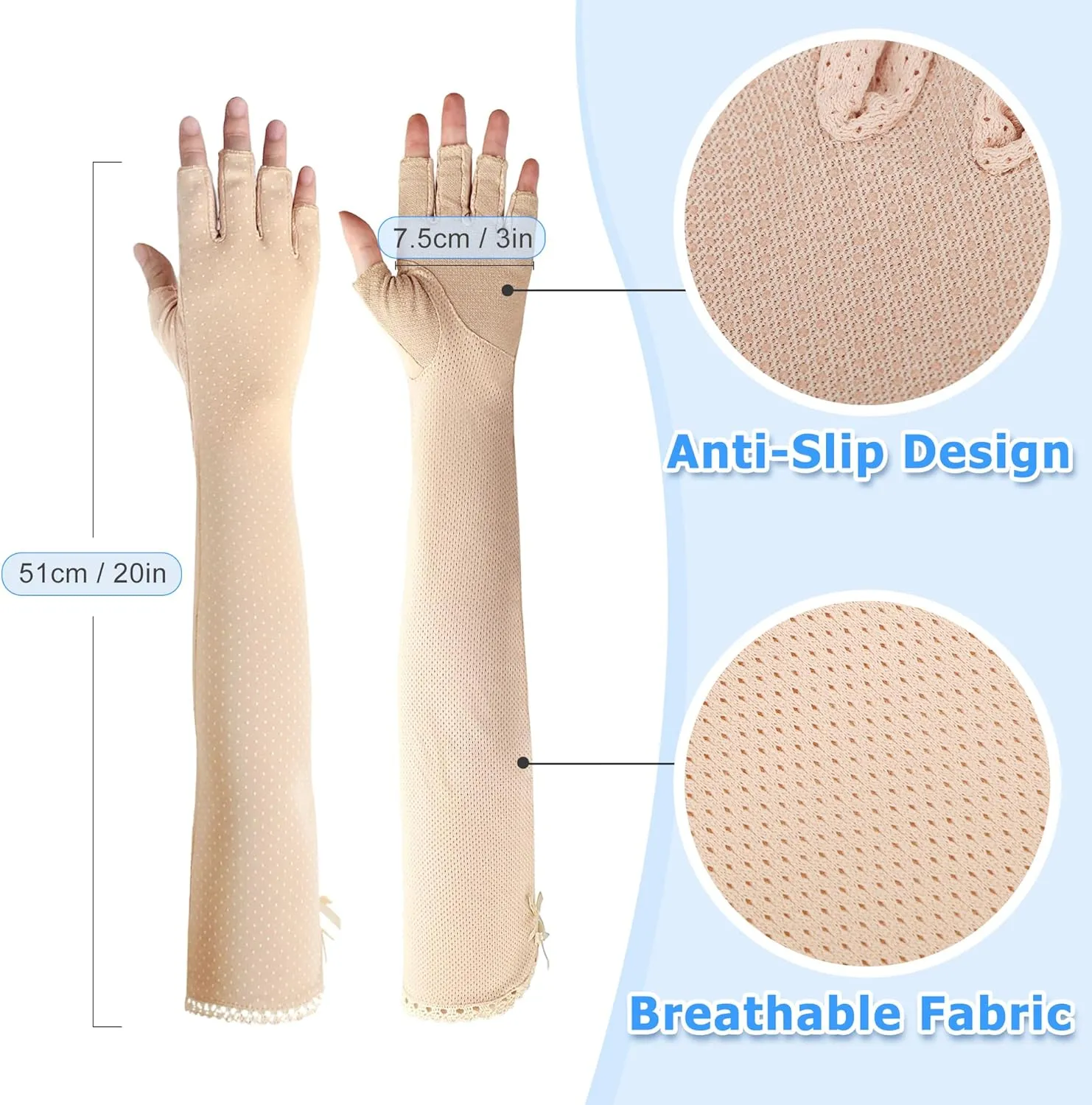 kilofly Women's Long Anti-UV Breathable Arm Sun Block Driving Gloves, 2 Pairs