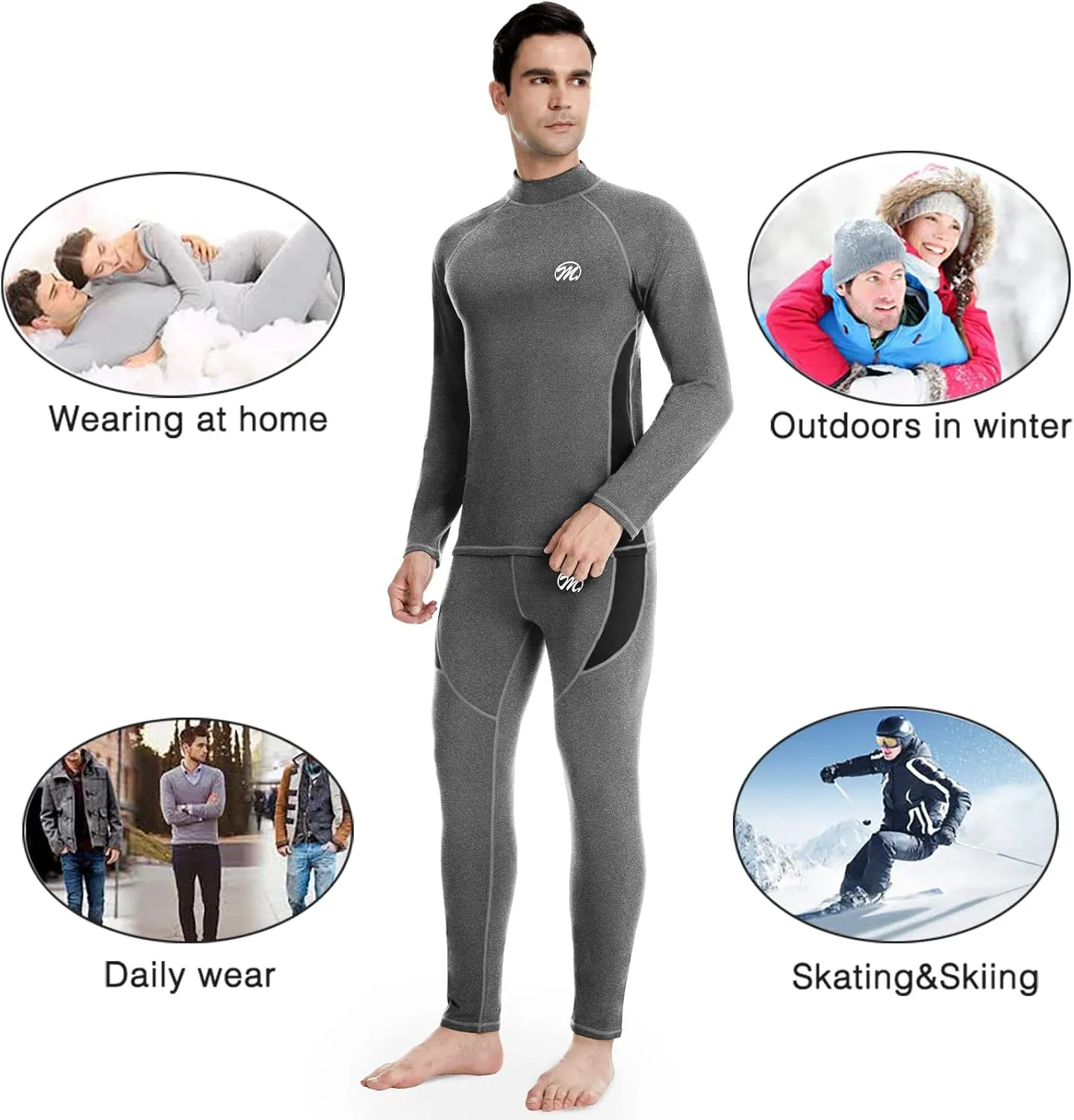 MEETWEE Men's Thermal Underwear Set, Winter Ski Gear Fleece Lined Long Johns Base Layer Warm Top & Bottom for Skiing Black