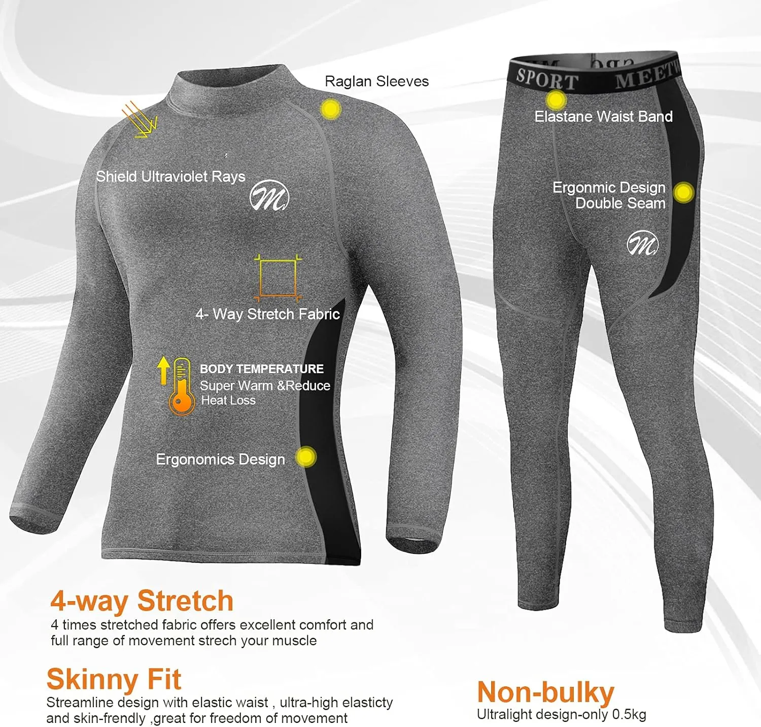 MEETWEE Men's Thermal Underwear Set, Winter Ski Gear Fleece Lined Long Johns Base Layer Warm Top & Bottom for Skiing Black