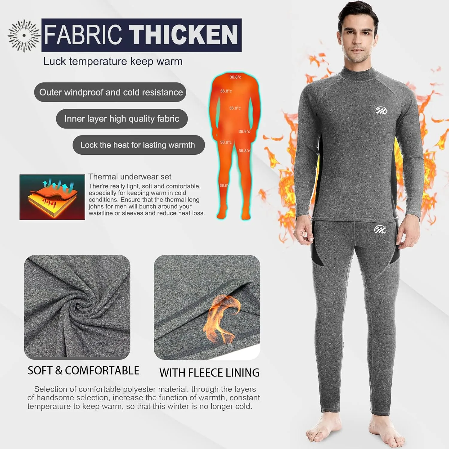 MEETWEE Men's Thermal Underwear Set, Winter Ski Gear Fleece Lined Long Johns Base Layer Warm Top & Bottom for Skiing Black