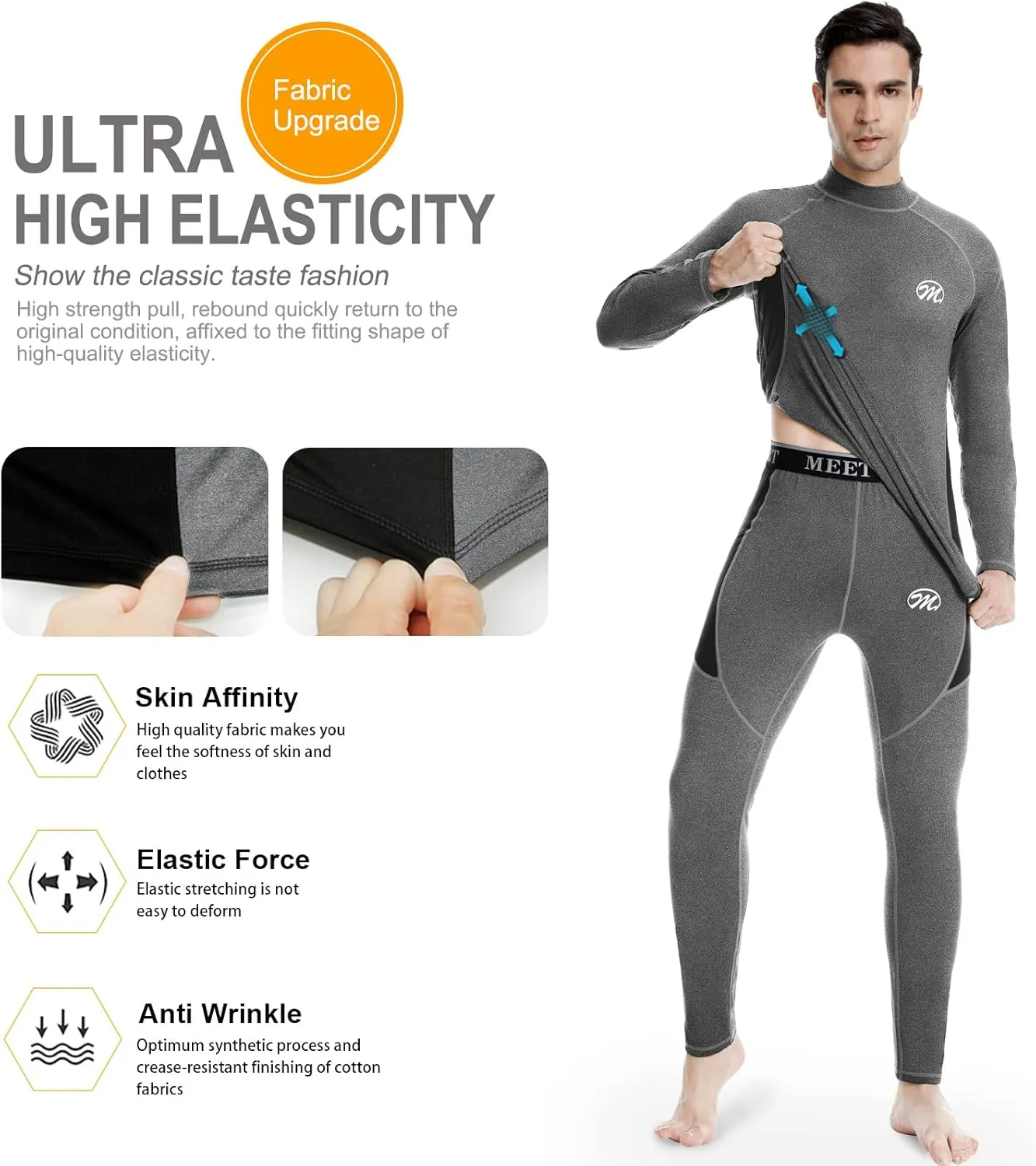 MEETWEE Men's Thermal Underwear Set, Winter Ski Gear Fleece Lined Long Johns Base Layer Warm Top & Bottom for Skiing Black
