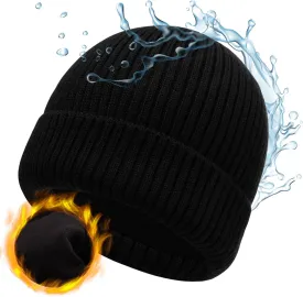 M/L/XL/XXL Waterproof Merino Wool Beanie for Men Women, Warm Fleece Lined Rainproof Windproof Winter Hat for All Weather