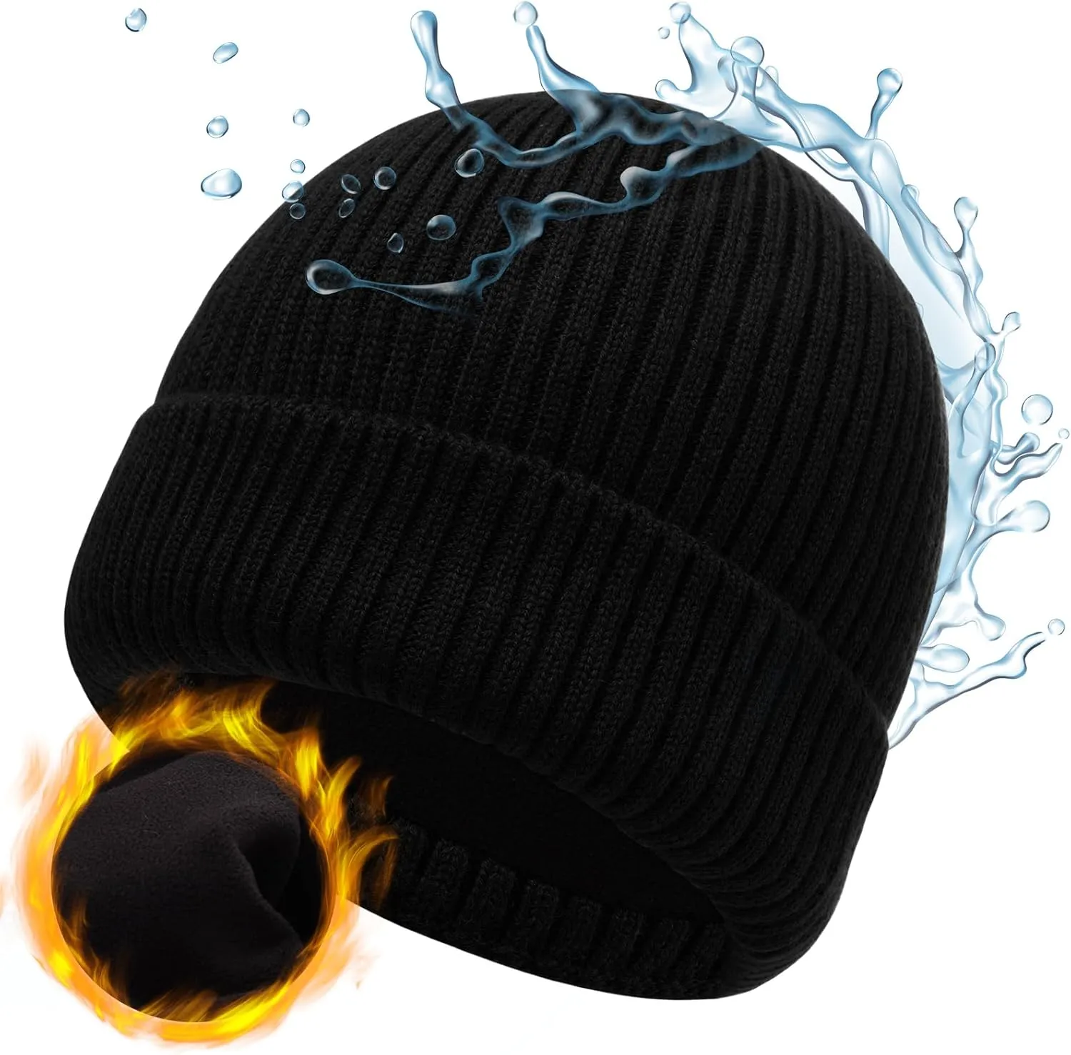 M/L/XL/XXL Waterproof Merino Wool Beanie for Men Women, Warm Fleece Lined Rainproof Windproof Winter Hat for All Weather