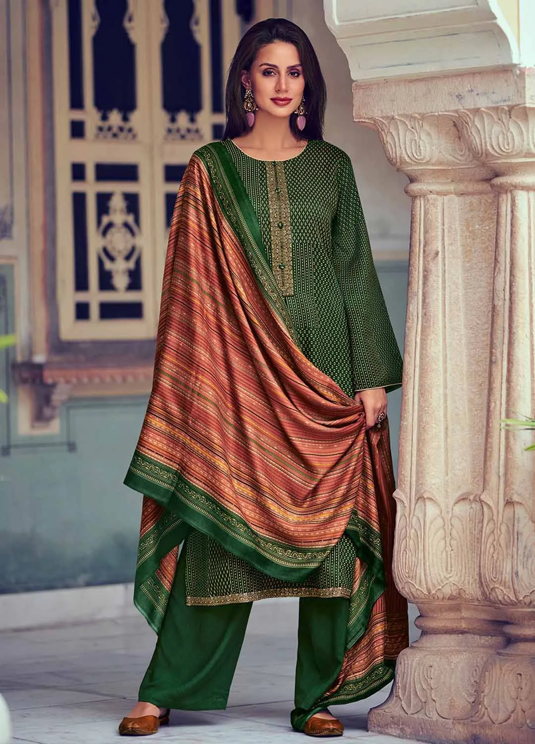 Mumtaz Arts Unstitched Green Pashmina Winter Suit with Embroidery