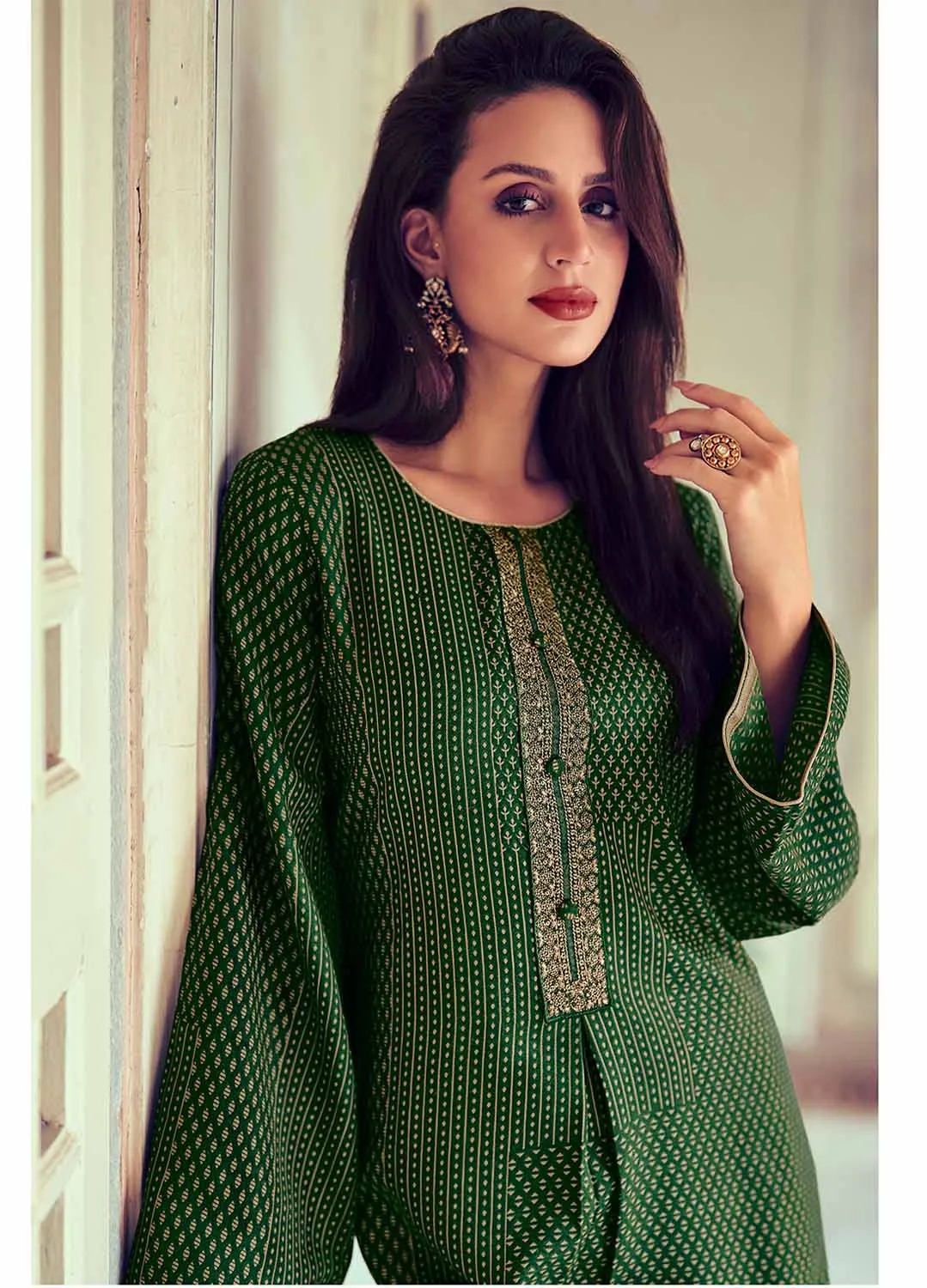 Mumtaz Arts Unstitched Green Pashmina Winter Suit with Embroidery