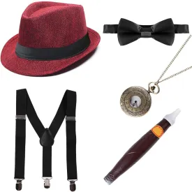 MYRISAM 1920s Mens Gatsby Gangster Costume 5pcs Accessories Set, Suspenders, Bow Tie, Plastic Cigar, Pocket Watch, Fedora Hat
