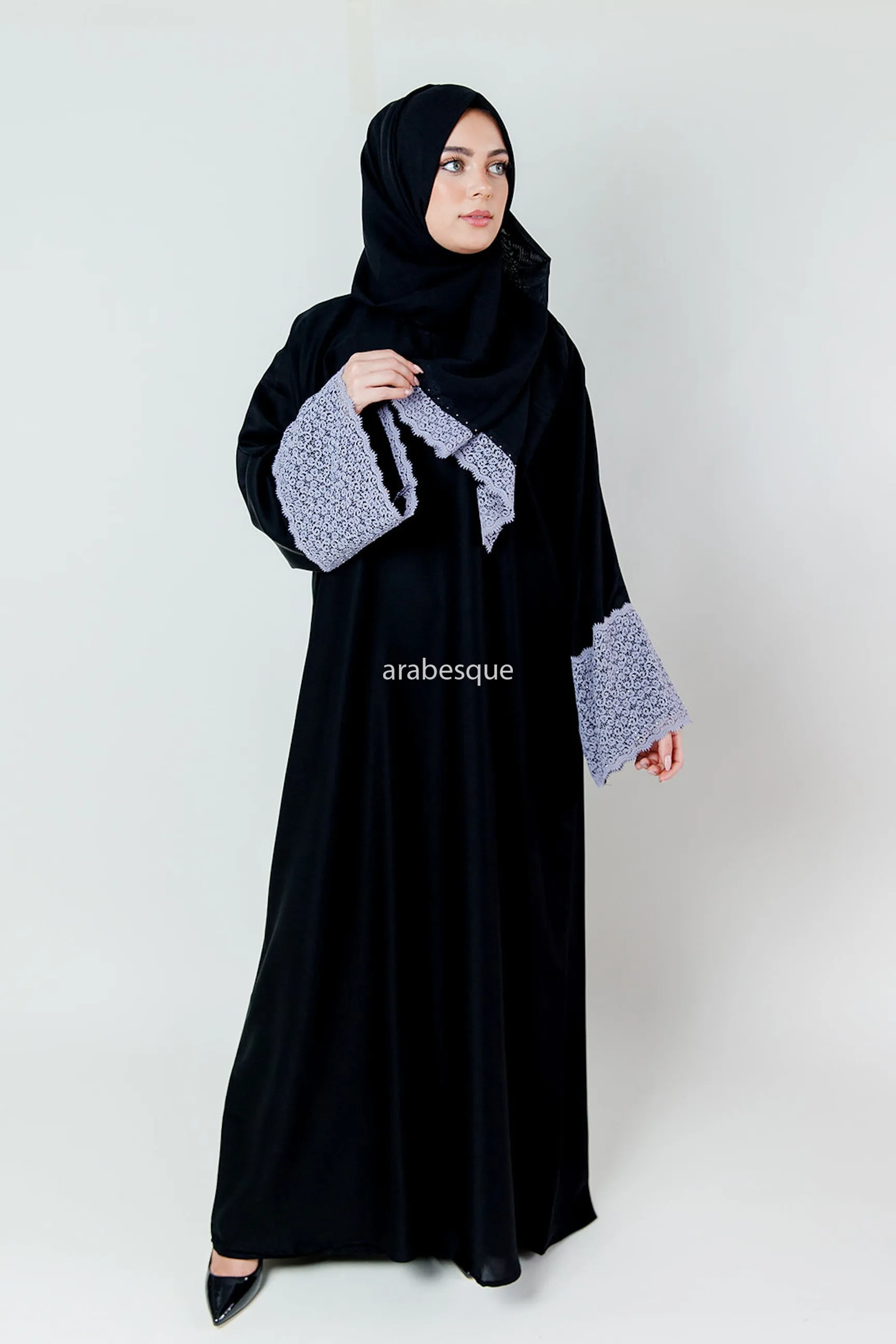 Nasra Abaya - Elegant Black Higab with Modern Floral Embroidery