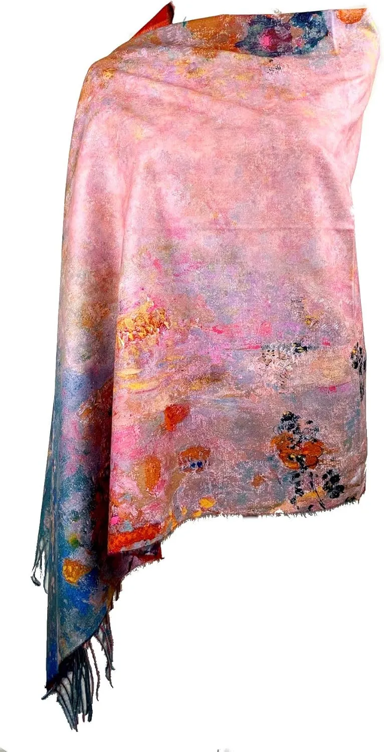 Plum Feathers Super Soft Cashmere Feel Double Sided Reversible Art Shawl Scarf Van Gogh Monet Klimt Inspired