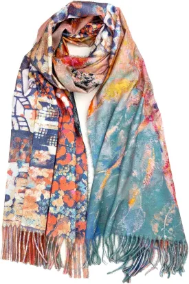 Plum Feathers Super Soft Cashmere Feel Double Sided Reversible Art Shawl Scarf Van Gogh Monet Klimt Inspired