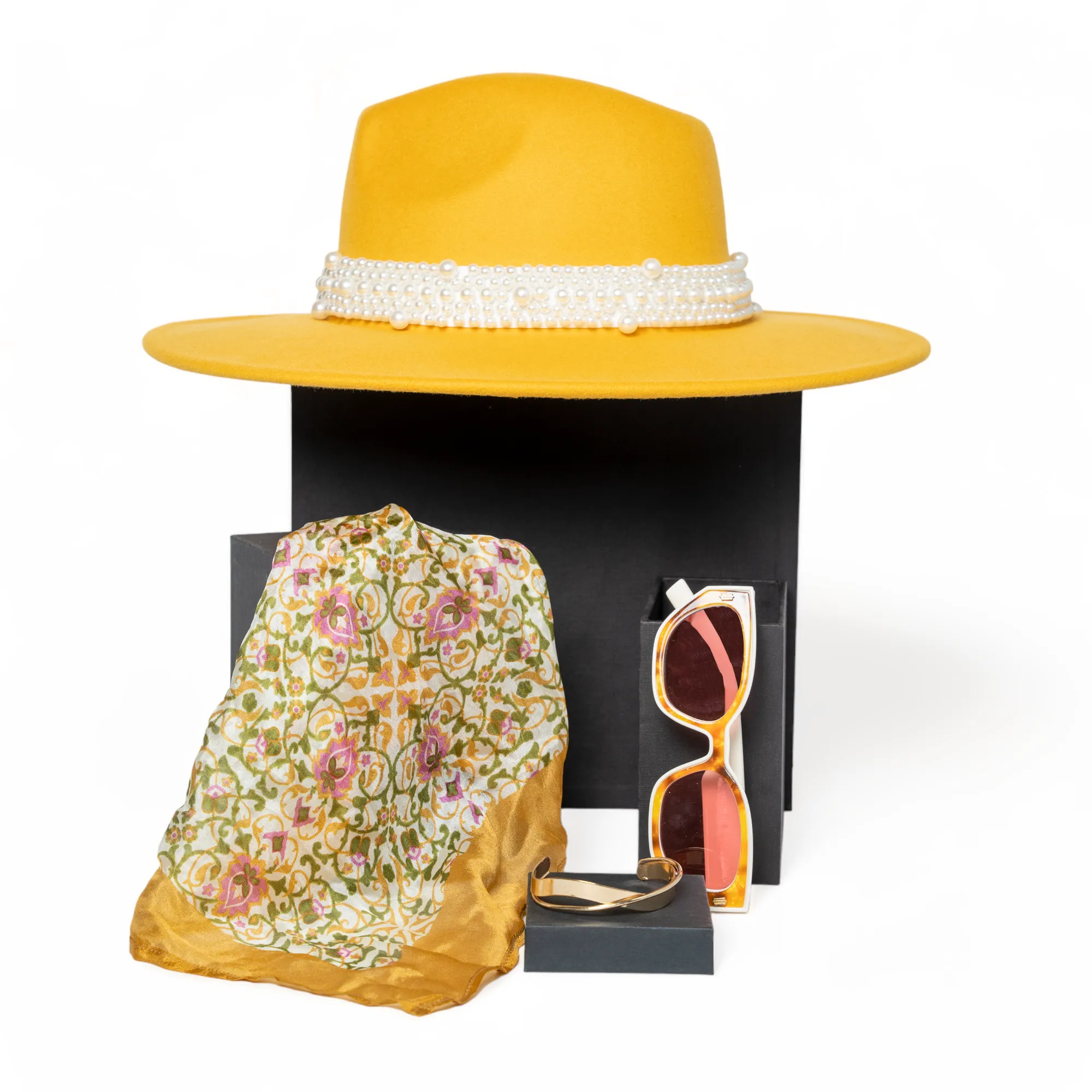 "Chokore Special 4-in-1 Gift Set for Her (Pearl Hat, Bracelet, Sunglasses, & Silk Stole) "