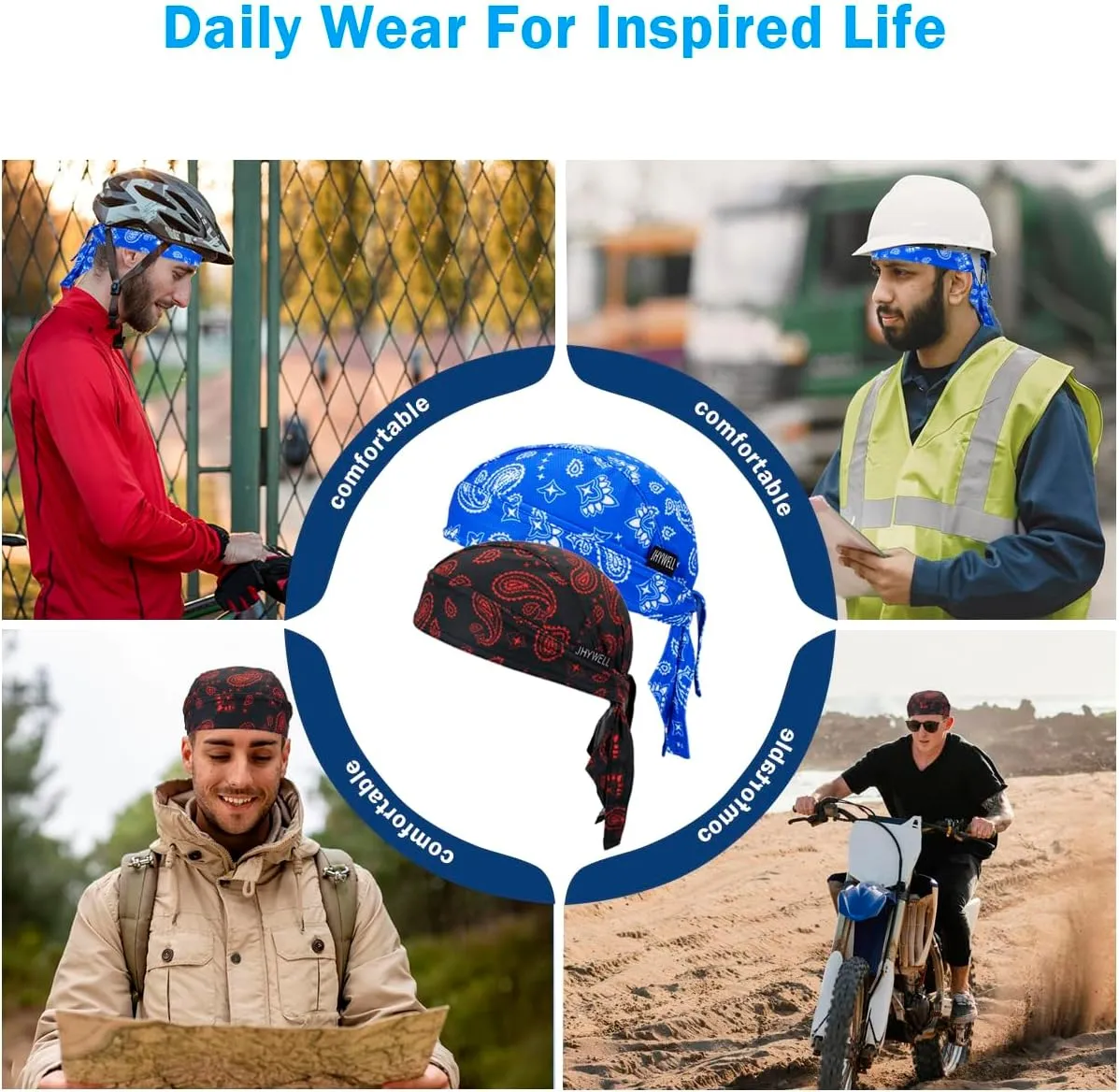 Sweat Wicking Doo Rag Cooling Dew Rag Helmet Liner Large Motorcycle Do Rags Head Wrap Bandana Skull Caps for Men and Women