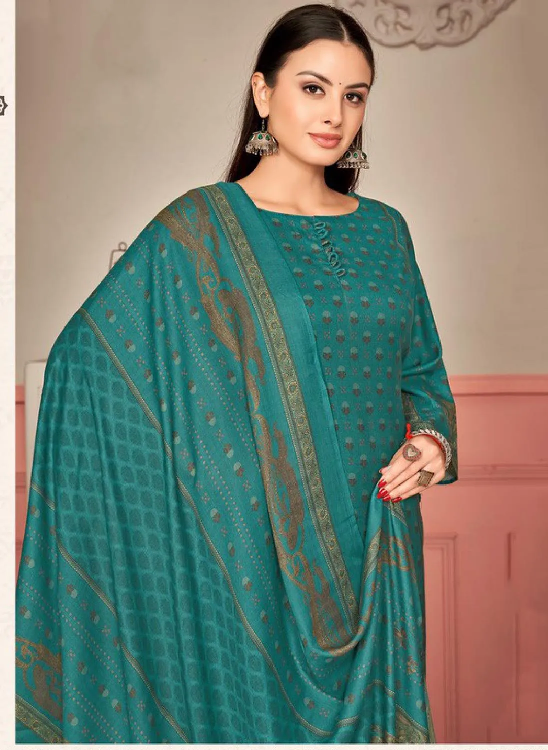 Teal Green Unstitched Pashmina Winter Suit Dress Material for Women